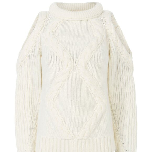 INTERMIX Elora Cold Shoulder Ivory Chunky Cable Knit Cutout Cocktail Sweater M - Picture 2 of 15